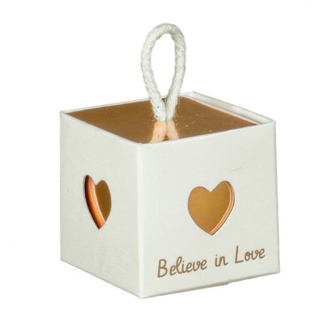 SCATOLINE PER CONFETTA MATRIMONIO BIANCO E ORO ORIGINALI "BELIEVE IN LOVE" CON CUORI E CORDA PORTACONFETTI