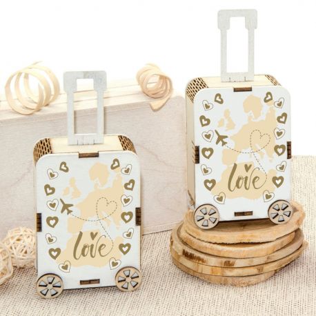 VALIGIA PORTACONFETTI SCATOLINE LEGNO MATRIMONIO VIAGGIO "LOVE" CONFETTATA SEGNAPOSTO ORIGINALI