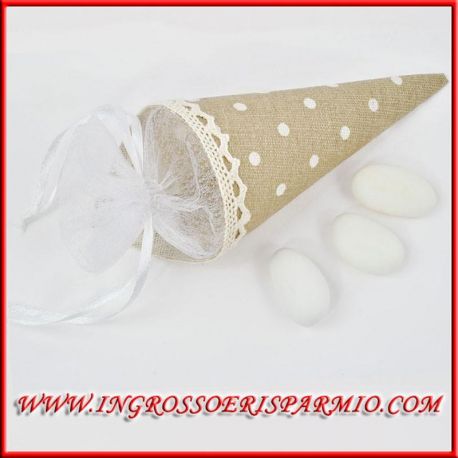 CONI PORTA RISO CONFETTI PETALI MATRIMONIO TORTORA BEIGE POIS JUTA TEMA CIOCCOLATA NOZZE ORIGINALI BOMBONIERE