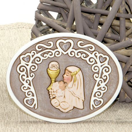 QUADRETTO SACRO IMMAGINE COMUNIONE BAMBINA RESINA E STRASS BOMBONIERE ORIGINALI PREZZI INGROSSO