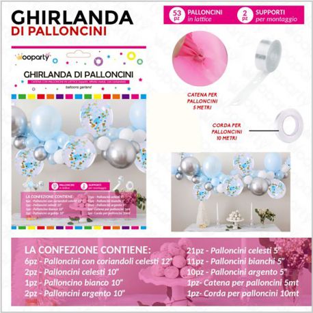 KIT GHIRLANDA PALLONCINI AZZURRI E ARGENTO ADDOBBI FAI DA TE