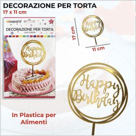 CAKE TOPPER SCRITTA HAPPY BIRTHDAY TONDO ORO GOLD ORIGINALI