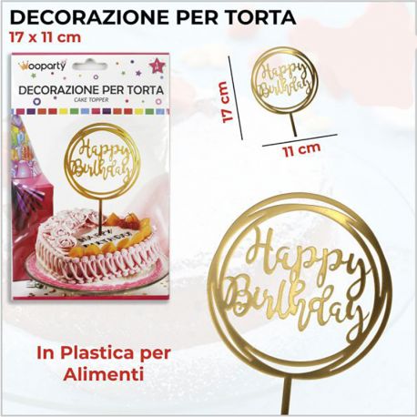 CAKE TOPPER SCRITTA HAPPY BIRTHDAY TONDO ORO GOLD ORIGINALI