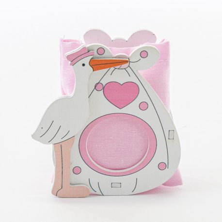 PORTACONFETTI IN LEGNO CICOGNA CON SACCHETTINO ROSA BAMBINA BOMBONIERE NASCITA ORIGINALI