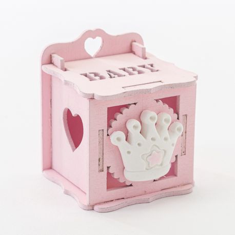 SCATOLINE IN LEGNO ROSA CON CORONA CONFETTATE NASCITA BOMBONIERE PRINCIPESSA BATTESIMO BIMBA