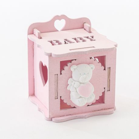 SCATOLINE PORTACONFETTI IN LEGNO ORSETTO BIMBA NASCITA ROSA BOMBONIERE ONLINE