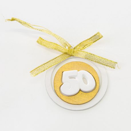 APPENDINI PER BOMBONIERE 50 ANNI FAI DA TE CON GESSETTI BIANCHI E ORO CON FIOCCO ACCESSORI