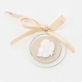 APPLICAZIONI LEGNO CON APPENDINO E GESSO CALICE COMUNIONE TONDO CON FIOCCO ACCESSORI