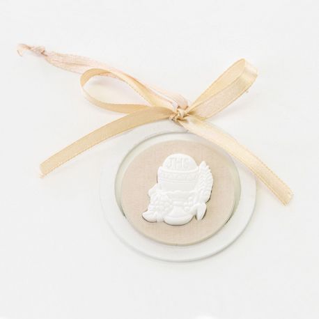 APPLICAZIONI LEGNO CON APPENDINO E GESSO CALICE COMUNIONE TONDO CON FIOCCO ACCESSORI