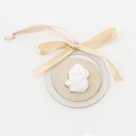 MINI ICONE CRESIMA GESSO E LEGNO CON APPENDINO MITRA TONDO PER BOMBONIERE FAI DA TE