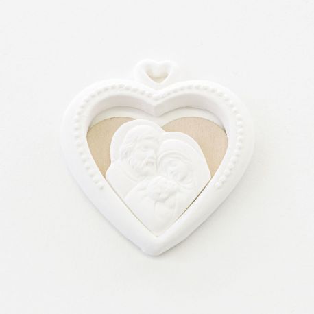 APPLICAZIONE SACRA FAMIGLIA APPENDINO IN GESSO BATTESIMO COMUNIONE A CUORE ACCESSORI BOMBONIERE