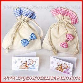 SACCHETTINI NASCITA PORTACONFETTI IN JUTA CON FIOCCO ROSA O CELESTE BAMBINI ONLINE BOMBONIERE BATTESIMO