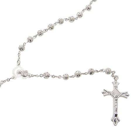 ROSARIO CON PERLE ARGENTATE MADONNA IMMACOLATA BOMBONIERE SACRE BATTESIMO COMUNIONE CRESIMA