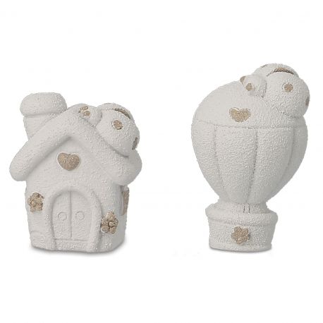 SEGNAPOSTO STATUINE CASETTA E MONGOLFIERA IDEE BOMBONIERE BATTESIMO PENSIERINI PREZZI BASSI