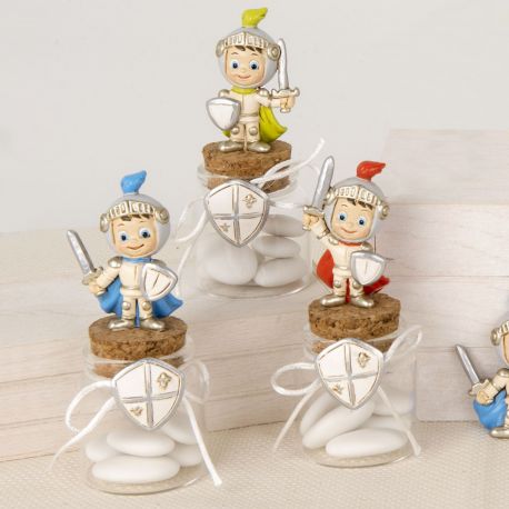 BARATTOLI PORTACONFETTI IN VETRO CON STATUINA IN RESINA CAVALIERE MEDIEVALE PRIMO COMPLEANNO BIMBO