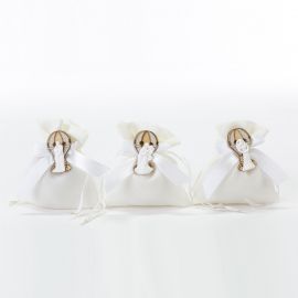 SACCHETTO PORTACONFETTI MATRIMONIO CON APPLICAZIONE MONGOLFIERA IN LEGNO E SPOSINI ASSORTITI