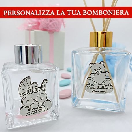 BOTTIGLIA IN VETRO PER PROFUMATORI PERSONALIZZABILE NASCITA COMPLEANNO BATTESIMO BOMBONIERE ORIGINALI