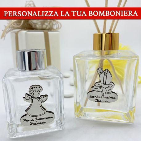 BOTTIGLIA IN VETRO PERSONALIZZABILE PER PROFUMATORI SACRAMENTI BATTESIMO COMUNIONE CRESIMA