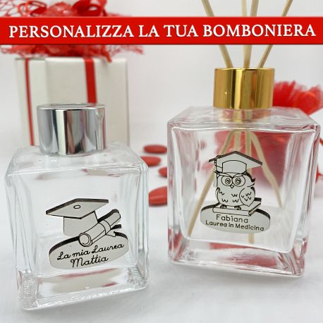 BOTTIGLIA IN VETRO PERSONALIZZABILE PER LAUREA PROFUMATORI FAI DA TE BOMBONIERE TOCCO GUFO