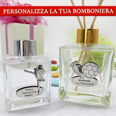 BOTTIGLIE IN VETRO PER PROFUMATORI PERSONALIZZABILI COMUNIONE BIMBO/BIMBA BOMBONIERE BALLERINA CALCIATORE