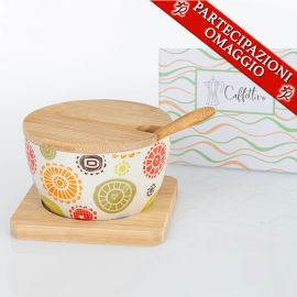 ZUCCHERIERA FANTASIA IN CERAMICA CON CUCCHIAINO E BASE IN LEGNO BOMBONIERE UTILI IDEE NOZZE