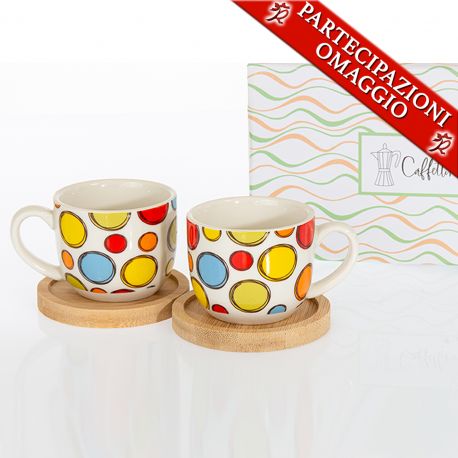 SET 2 TAZZE CUOREMATTO CERAMICA FANTASIA CON PIATTINI IN LEGNO BOMBONIERE SOLIDALI MATRIMONIO IDEE UTILI
