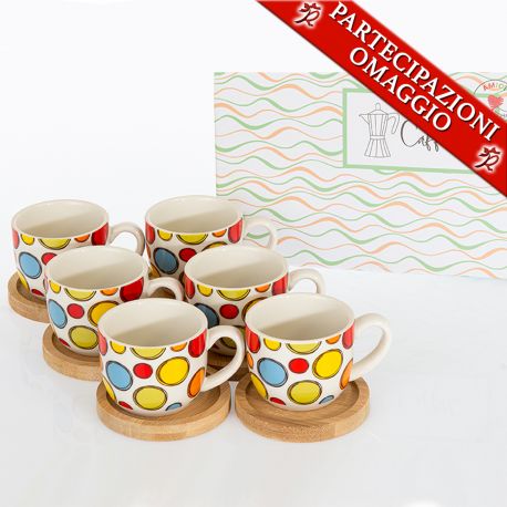 SET 6 TAZZE CERAMICA FANTASIA CON PIATTINI IN LEGNO BOMBONIERE SOLIDALI CUOREMATTO MATRIMONIO NOVITA'