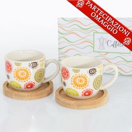 TAZZINE DA CAFFÈ CUOREMATTO CERAMICA FANTASIA CON PIATTINI IN LEGNO BOMBONIERE UTILI MATRIMONIO NOVITA' 2022