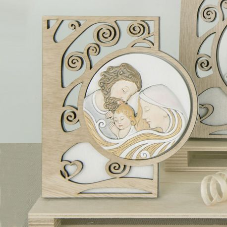 ICONA SACRA FAMIGLIA BATTESIMO IN LEGNO LAVORATO E RESINA BOMBONIERE SACRE COMUNIONE