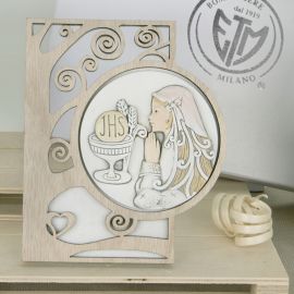 QUADRETTI IN LEGNO E RESINA CON BAMBINA IN PREGHIERA IDEE BOMBONIERE COMUNIONE ICONA SACRA