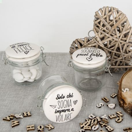 BARATTOLINI IN VETRO PORTACONFETTI CON TAPPO ERMETICO IN PORCELLANA CON FRASI BOMBONIERE SEGNAPOSTO