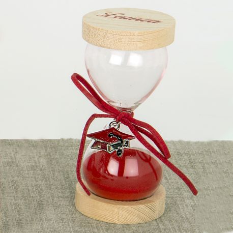 CLESSIDRA IN VETRO E LEGNO CON SABBIA ROSSA CORDONCINO E CIONDOLO TOCCO BOMBONIERE LAUREA TUTTE LE FACOLTA'
