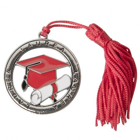 CIONDOLO LAUREA TOCCO E PERGAMENA E NAPPINA DECORAZIONI BOMBONIERE ROSSO METALLO