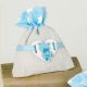 SACCHETTO IN IUTA E TESSUTO CELESTE CON APPLICAZIONE ORSETTO NASCITA BIMBO CONFETTATA FAI DA TE