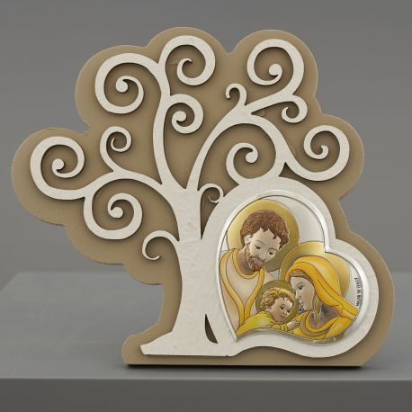 ICONE DA TAVOLO ALBERO DELLA VITA IN LEGNO CON SACRA FAMIGLIA BOMBONIERE BATTESIMO PRIMA COMUNIONE
