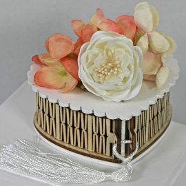 SCATOLA PER CONFETTI CON APERTURA LATERALE IN LEGNO CON FIORI ARTIFICIALI BOMBONIERE MATRIMONIO