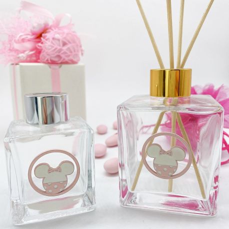 BOTTIGLIA IN VETRO PER PROFUMATORI PERSONALIZZABILE DISNEY MINNIE ROSA BOMBONIERE BATTESIMO BIMBA