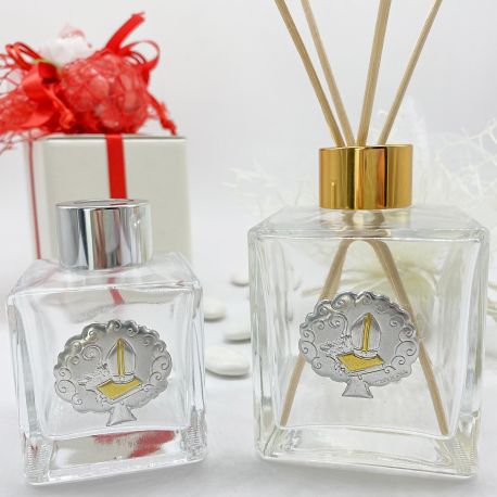 BOTTIGLIA IN VETRO CON PIASTRINA CRESIMA IDEA BOMBONIERA PER PROFUMATORI FAI DA TE MITRA E BASTONE IDEE ORIGINALI
