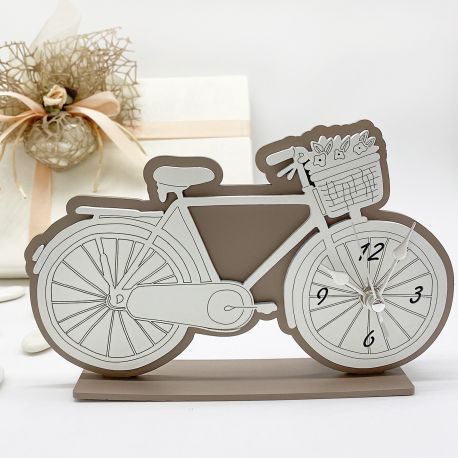 OROLOGIO DA TAVOLO BICICLETTA BIANCO E TORTORA IN LEGNO IDEE BOMBONIERE ECONOMICHE MATRIMONIO A TEMA