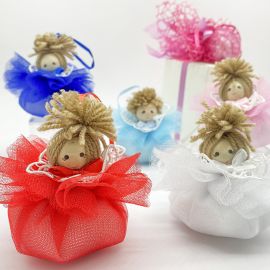 BAMBOLINE IN TULLE COLORATE CON NASTRO IN RASO BOMBONIERE ORIGINALI NASCITA BIMBA COMPLEANNO SEGNAPOSTO 