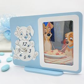 OROLOGIO DA TAVOLO CON CORNICE FOTO BOMBONIERA BATTESIMO BIMBO CARICA DEI 101 CELESTE IDEE ORIGINALI