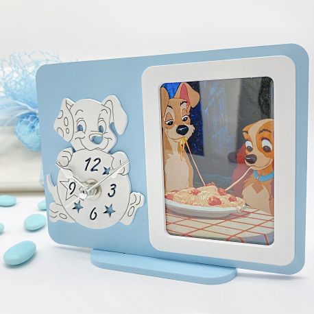 OROLOGIO DA TAVOLO CON CORNICE FOTO BOMBONIERA BATTESIMO BIMBO CARICA DEI 101 CELESTE IDEE ORIGINALI