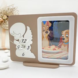 OROLOGIO DA TAVOLO CON CORNICE TORTORA BOMBONIERA BATTESIMO COMUNIONE ANGELO CUSTODE IDEE UTILI