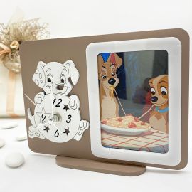 OROLOGIO DA TAVOLO CARICA DEI 101 CON CORNICE FOTO BOMBONIERA BATTESIMO MASCHIO FEMMINA