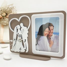 OROLOGIO DA TAVOLO CON CORNICE PORTAFOTO SPOSI E CUORE BOMBONIERE MATRIMONIO ECONOMICHE IDEE UTILI