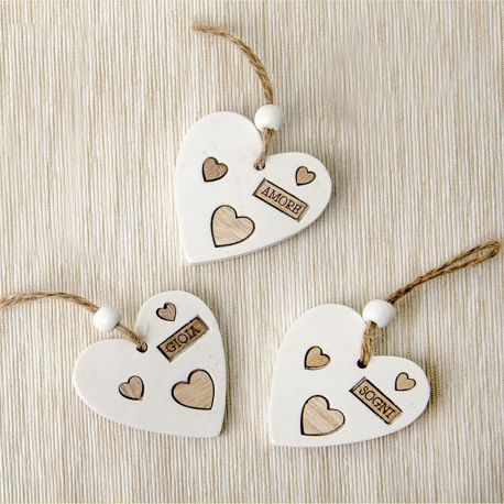 DECORAZIONI APPENDINI CUORI IN LEGNO GIOIA SOGNI AMORE BOMBONIERE MATRIMONIO SEGNAPOSTO