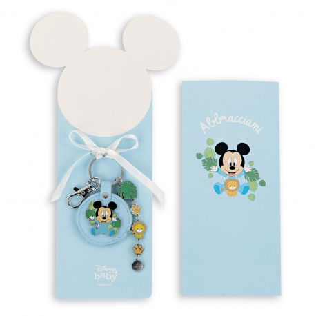 PORTACHIAVI DISNEY BABY IN ECOPELLE CON CHARMS E ASTUCCIO REGALO BOMBONIERE NASCITA BAMBINO CELESTE IDEE ORIGINALI