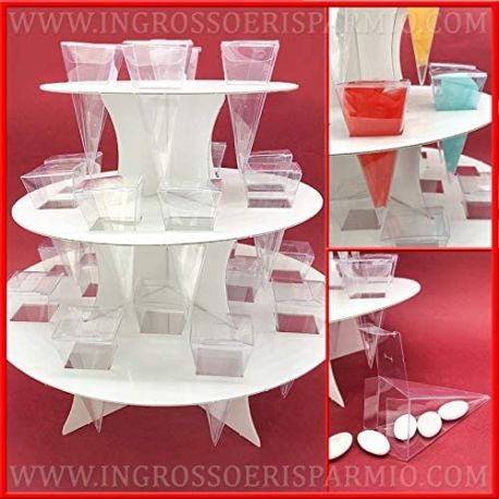 ALZATA PER CONFETTATA + 24 CONI TRASPARENTI PVC SET 3 PIANI PORTA RISO PORTA CONFETTI ECONOMICI