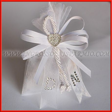 SACCHETTI PORTACONFETTI BIANCO NOZZE CUORE INIZIALI STRASS CONFETTATA MATRIMONIO SEGNAPOSTO