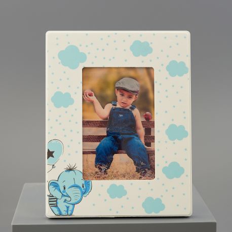 PORTAFOTO CORNICE IN LEGNO BOMBONIERE NASCITA BIMBO ELEFANTINO CELESTE